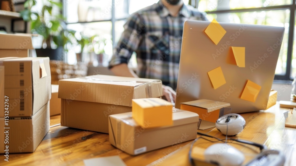 A workspace with packages and a laptop, indicating e-commerce or shipping activities. A workspace with packages and a laptop, indicating e-commerce or shipping activities.