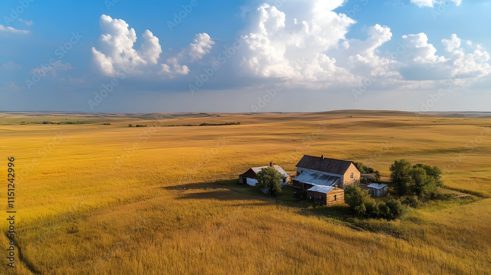 A serene farmhouse surrounded by golden fields under a bright blue sky. A serene farmhouse surrounded by golden fields under a bright blue sky.