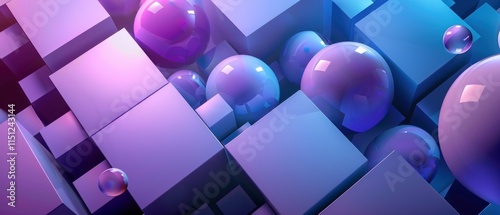 Abstract composition of cubes and spheres in vibrant colors, creating a modern digital aesthetic.
