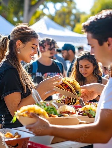 a group of friends enjoying tacos with colorful toppings at a street food festival