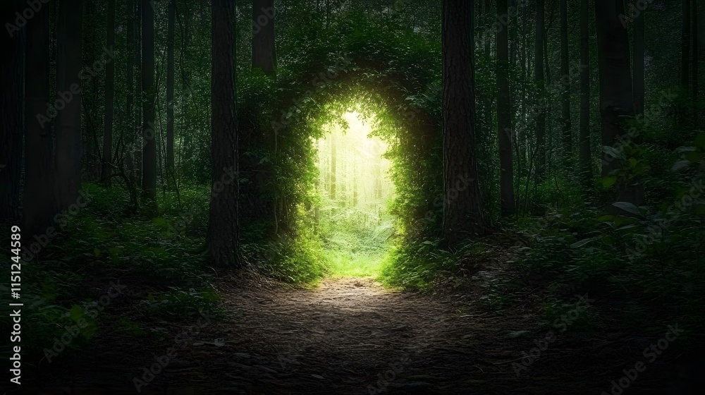 Fototapeta premium Mystical forest entrance revealing a bright light beyond.