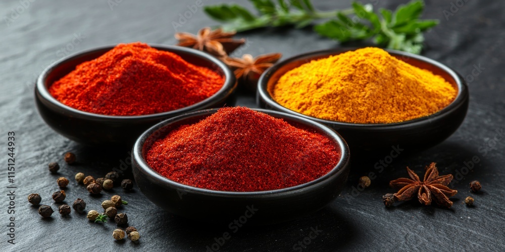 Vibrant Spices Paprika Turmeric Peppercorns in Bowls Vibrant Spices Paprika Turmeric Peppercorns in Bowls