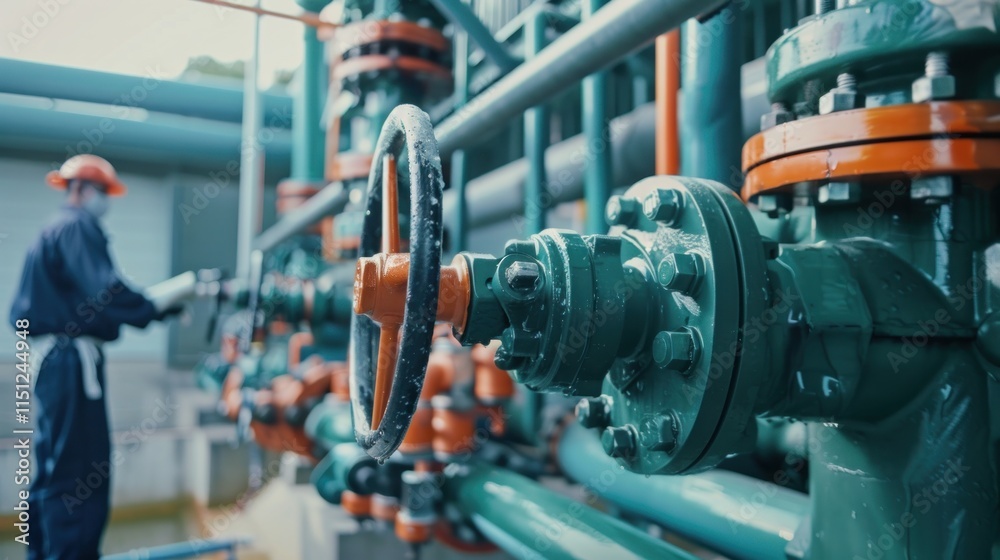 Industrial setting with pipes and valves, highlighting machinery and maintenance work. Industrial setting with pipes and valves, highlighting machinery and maintenance work.