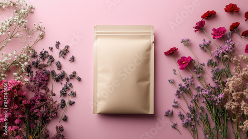 Organic Wild Herb Blends in Kraft Resealable Pouch Mockup with Soft Floral Elements and Muted Neutral Tones for Natural Living photo