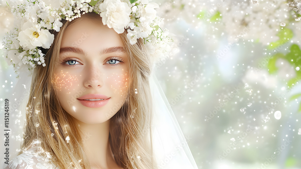 serene and romantic image of woman with floral crown, glowing skin, and soft background serene and romantic image of woman with floral crown, glowing skin, and soft background