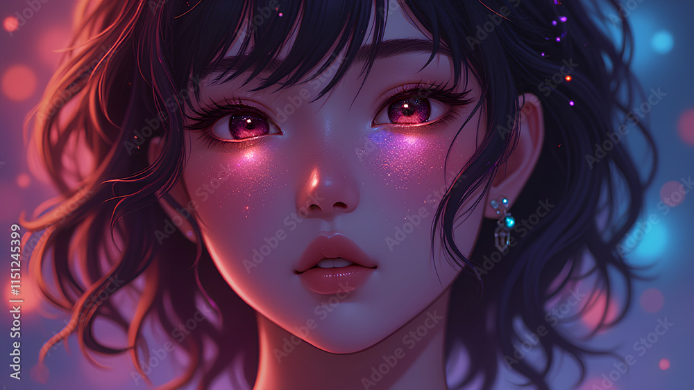 Anime style A closeup portrait of a woman with with the galaxy face vibrant glow