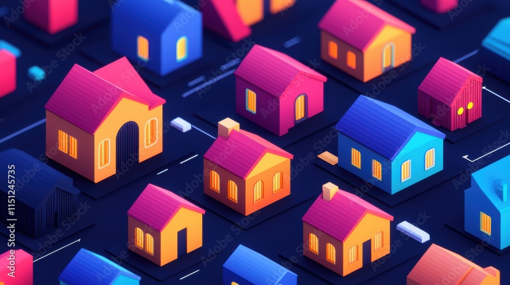 A vibrant, stylized overhead view of colorful houses arranged in a grid, showcasing bright colors against a dark backdrop. A vibrant, stylized overhead view of colorful houses arranged in a grid, showcasing bright colors against a dark backdrop.