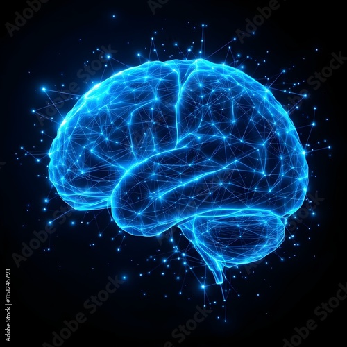 Glowing blue holographic human brain, neural network visualization