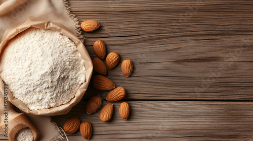 Kraft Pouch Mockup for Organic Almond Flour with Almonds and Flour Dust on Earthy Wood Texture photo