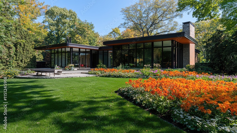 Obraz premium Modern house surrounded by vibrant flowers and green lawn