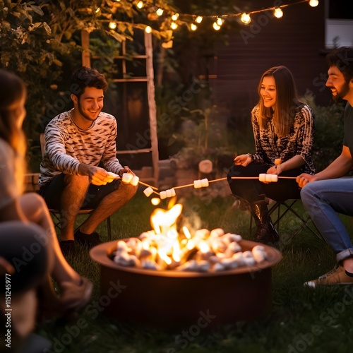 A photo of a group of friends roasting marshmallows over a fire pit in a backyard at night.