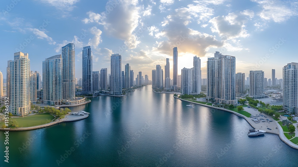 Fototapeta premium Scenic skyline view of modern city skyscrapers by the river at sunset.