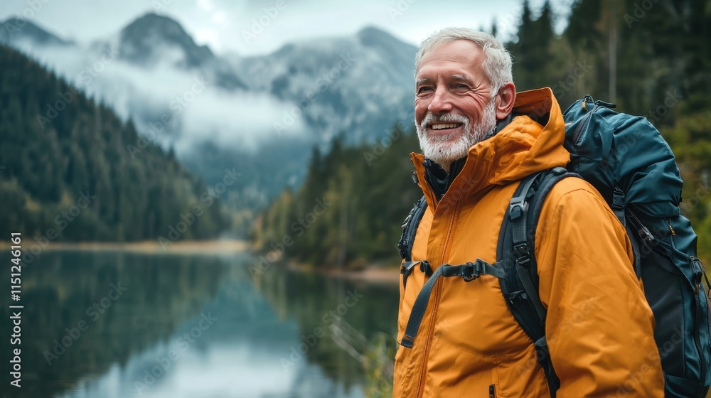 Joyful Senior Man Hiking in Nature with Scenic Mountain Landscape Joyful Senior Man Hiking in Nature with Scenic Mountain Landscape