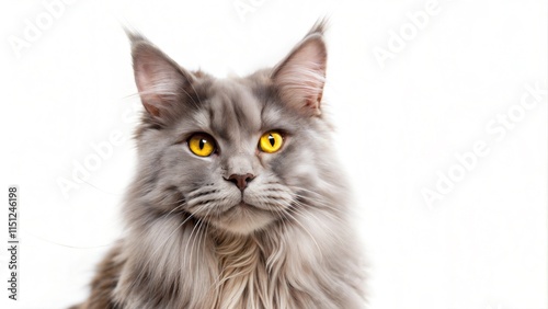 grey fluffy Maine Coon  portrait cat white background copy blank space paste