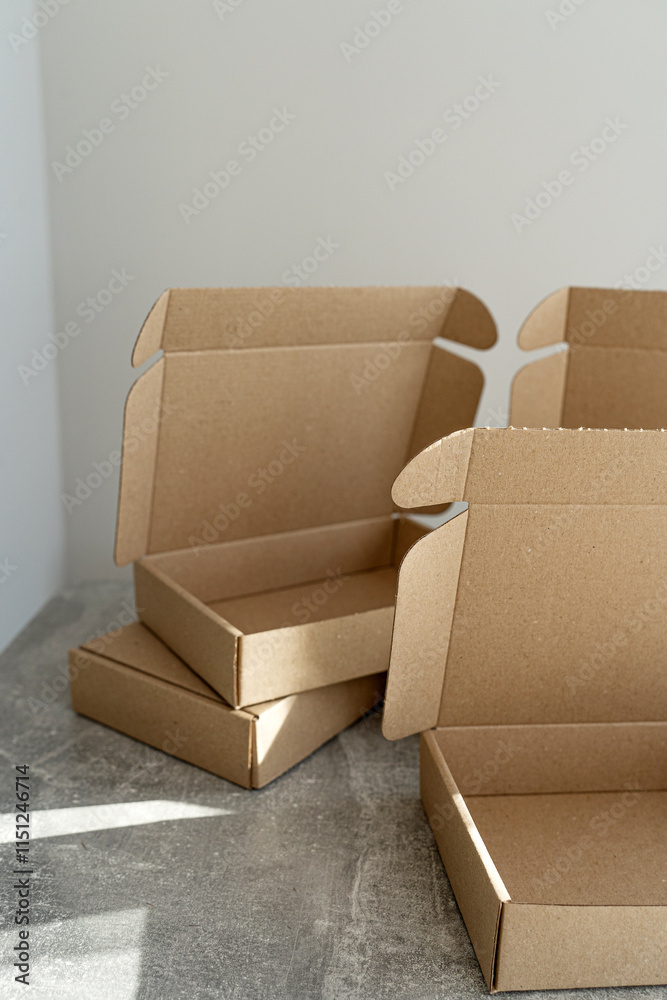 Three kraft cardboard boxes with open lids on a concrete table Three kraft cardboard boxes with open lids on a concrete table