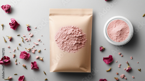 Kraft resealable pouch mockup featuring detoxifying rose clay powder, scattered pink clay dust, and minimalist packaging with a muted gray background. photo