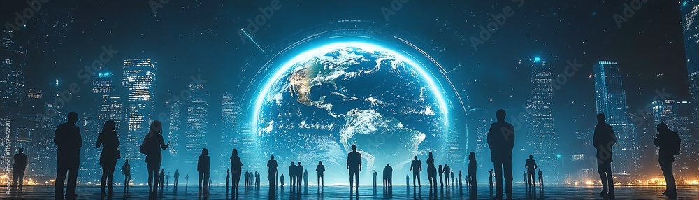 A 3D hologram of Earth surrounded by people A 3D hologram of Earth surrounded by people