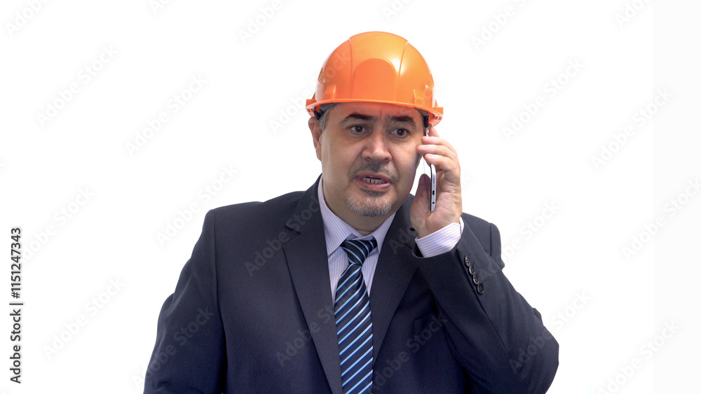 Construction Engineer in Hard Hat Talking on the Phone