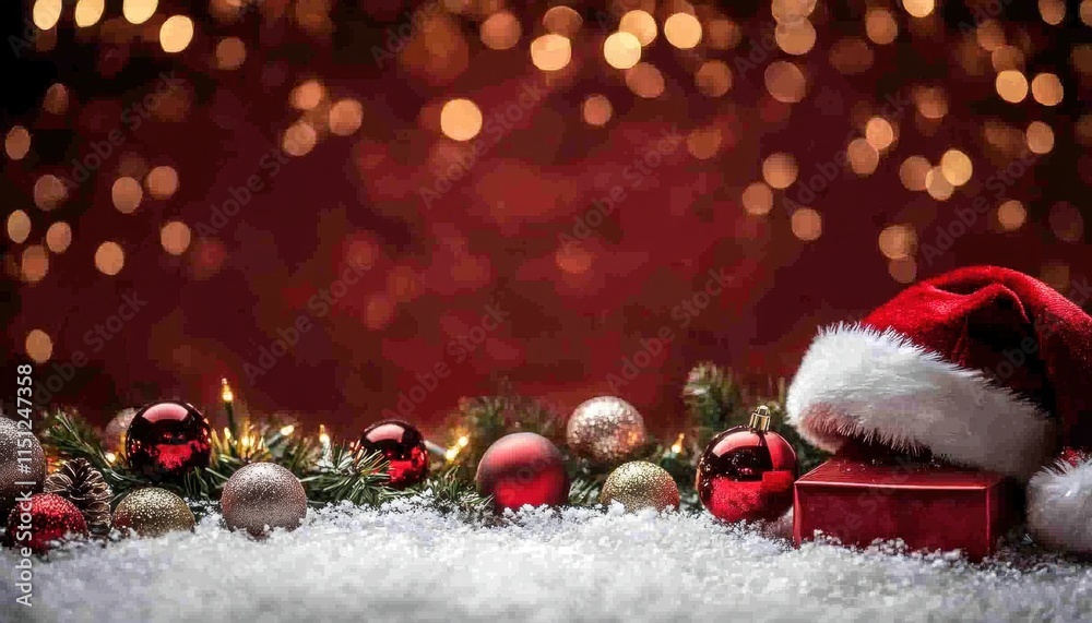 Obraz premium Festive Christmas Background with Ornaments, Gift, and Santa Hat