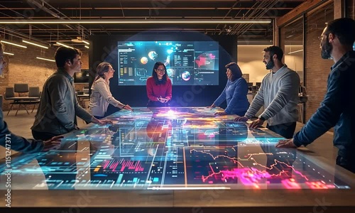 Team of professionals collaborating around a large interactive data visualization table.