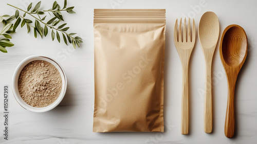 Eco-friendly kraft resealable pouch mockup for zero-waste dishwashing soap powder with wooden utensils and soft white and beige tones photo