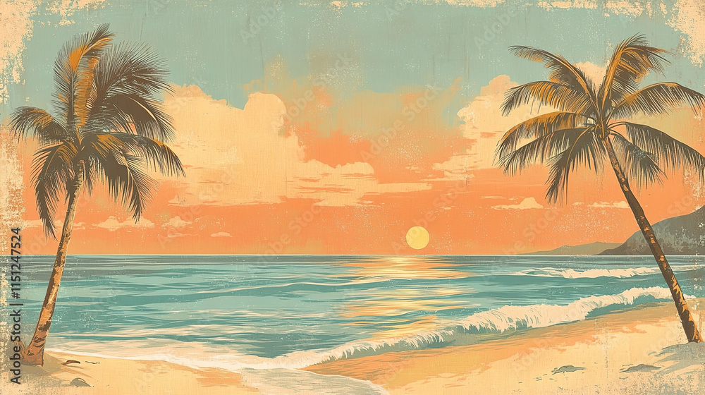 Fototapeta premium Silhouette coconut trees, serene sea view, and setting sun, vector design. 
