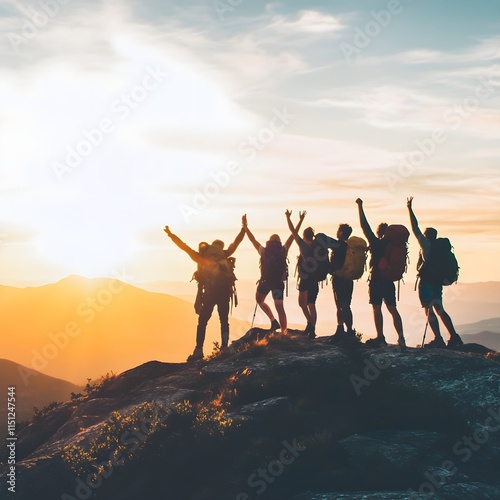 A photo of a group of hikers celebrating together at the top of a mountain.