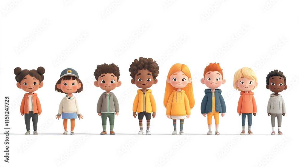 Happy, realistic children of various races in a row, vibrant cartoon illustration on a white background. Happy, realistic children of various races in a row, vibrant cartoon illustration on a white background.