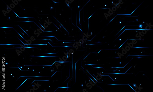 Abstract Cyber security and bit hacker network and binary assembly matrix and, Encryption. Circuit board with glowing neon lines and geometric patterns against a dark background.