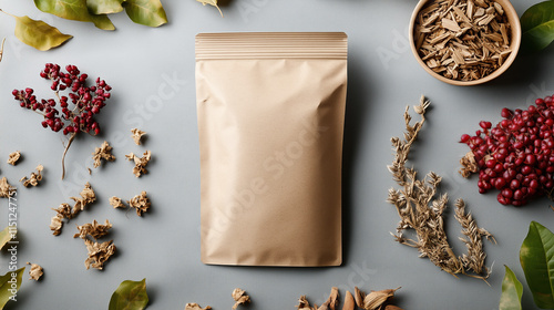 Kraft resealable pouch mockup for natural pet bedding material, with scattered hay and softwood chips, in earthy tones photo