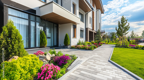 Senior care facility exterior with well-maintained garden and welcoming entrance. Emphasizing comfort and dignity in elderly living environments.