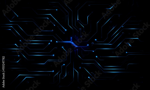 Abstract Cyber security and bit hacker network and binary assembly matrix and, Encryption. Circuit board with glowing neon lines and geometric patterns against a dark background.