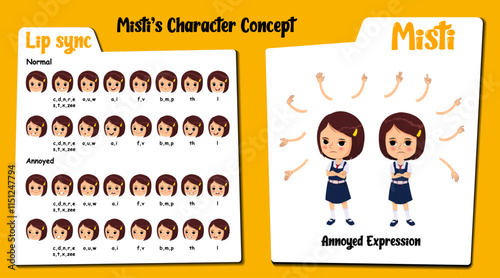 Annoyed girl cartoon. School girl cartoon. Annoyed girl face expressions. Cartoon annoyed girl face lip sync set & hand gesture. Annoyed school girl clipart, vector, illustration, graphic.