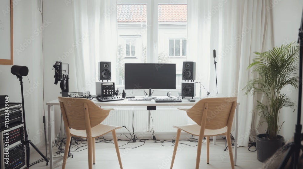 Scandinavian-inspired podcast studio featuring two light wood chairs, sleek audio equipment, and white minimalist decor. Scandinavian-inspired podcast studio featuring two light wood chairs, sleek audio equipment, and white minimalist decor.