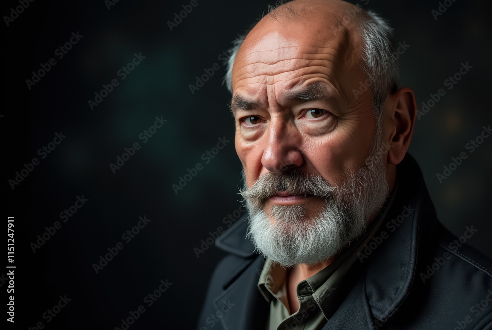 Fototapeta premium Man with a Beard, Dark Coat, and Dark Background