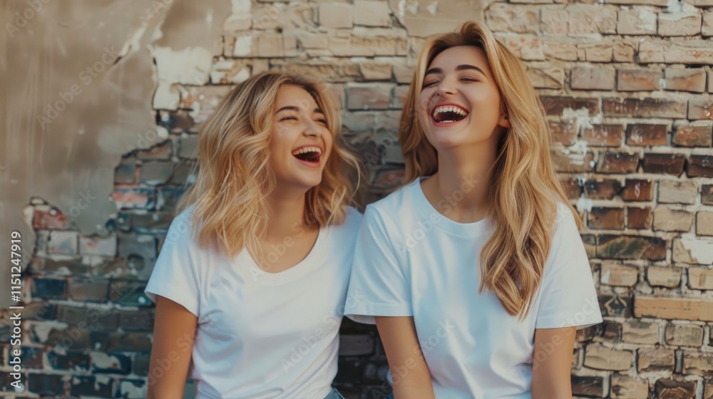 Two young women laughing together in casual attire against a brick wall backdrop. Two young women laughing together in casual attire against a brick wall backdrop.