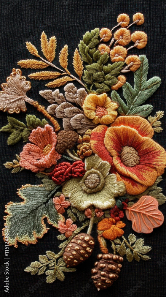 Fototapeta premium Hand embroidered crafts with floral and mushroom patterns