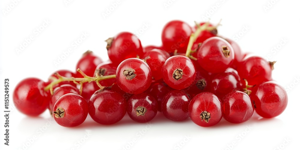 Fresh red currants isolated on a white background create a vibrant display. These red currants are perfect for showcasing their bright color and natural appeal in any composition.