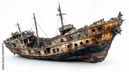 Rusted, decayed ship wreck isolated on white.