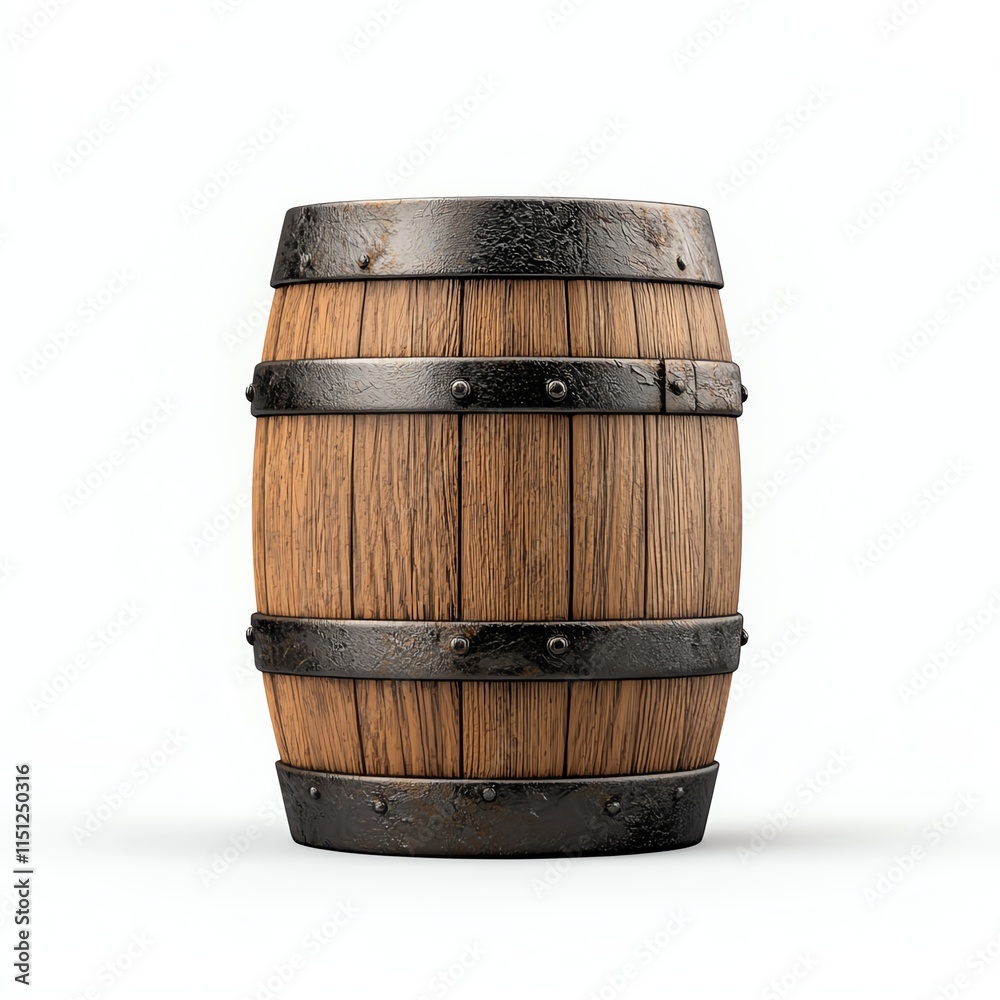 A wooden barrel with metal bands, showcasing a rustic design, suitable for storage and aging various liquids. A wooden barrel with metal bands, showcasing a rustic design, suitable for storage and aging various liquids.
