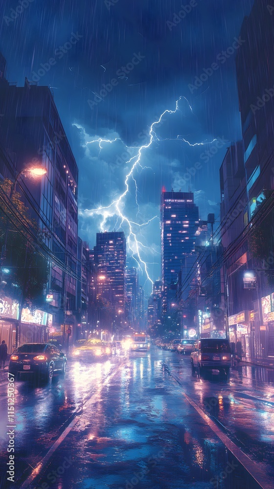 Fototapeta premium Stormy night in the city with heavy rain and striking lightning illuminating the skyline.