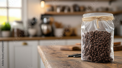 Clear poly bag with artisan chocolate chips, placed on a wooden kitchen counter, styled with baking utensils and cozy warm lighting for a homey feel. photo