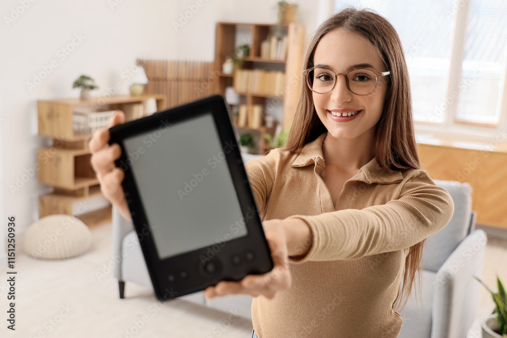 Young girl with e-reader at home Young girl with e-reader at home