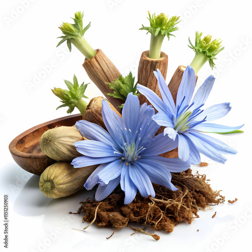 chicory flowers with crushed root on white background