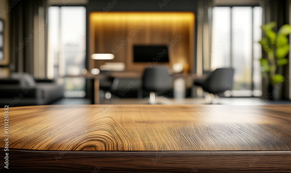 A polished Wooden Table with blurred bokeh office interior space background for product display A polished Wooden Table with blurred bokeh office interior space background for product display