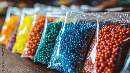 Poly bag with resealable zip, containing assorted colorful beads, on a craft table with sharp lighting and a vibrant creative look. photo