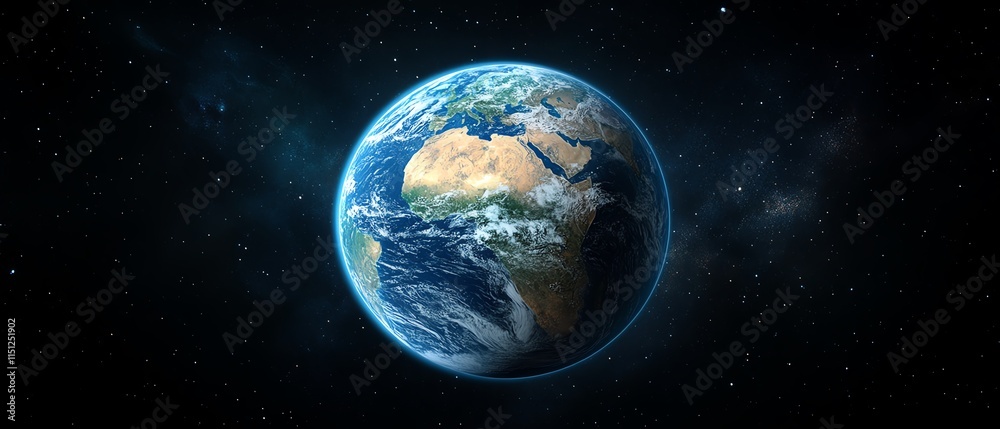 Obraz premium Planet Earth displayed with flowing world data and information, providing ample room for copy space or brand placement