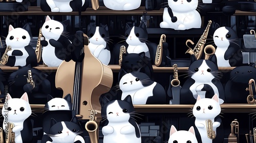 Adorable cats performing a jazz ensemble with tiny saxophones, trumpets, and upright bass, set in a cozy, glowing jazz club with rich wooden textures and colorful lighting, whimsical and dynamic,