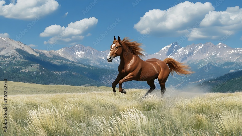 Fototapeta premium A photo of a horse galloping freely in an open pasture with mountains in the background.
