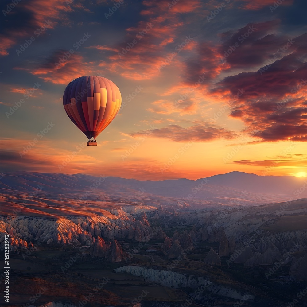 Fototapeta premium hot air balloon flying over a colorful valley during sunrise. 
